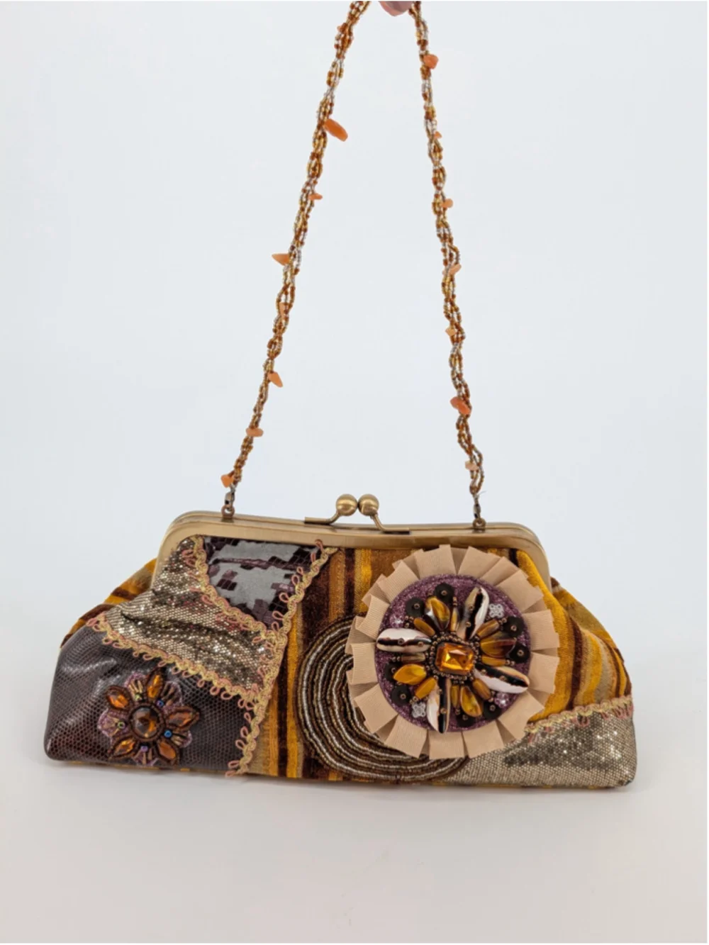 Y2K Maximalist Beaded Shell Patchwork Kiss Lock Clutch Shoulder Bag